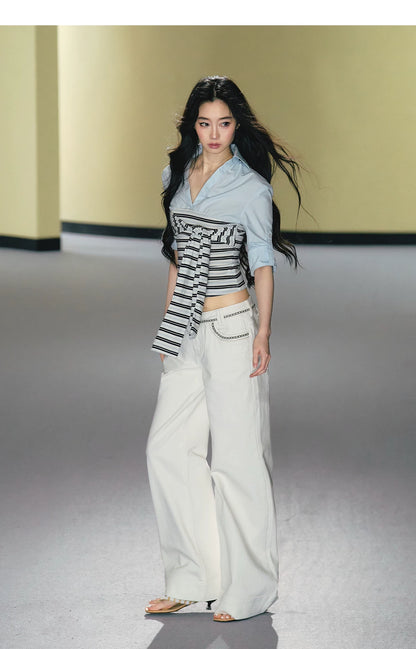 Layered Contrast Tie-Waist Shirt Top