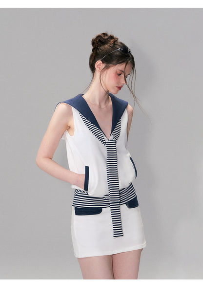 Color-Block Nautical Sailor Collar Sleeveless Top