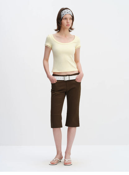 Lace Trim Scoop Neck Fitted Cotton T-Shirt