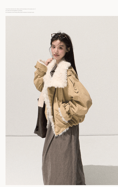 Shearling-Style Leather Jacket Khaki