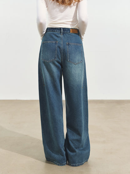 3D Seam Wide-Leg Crescent Denim Pants