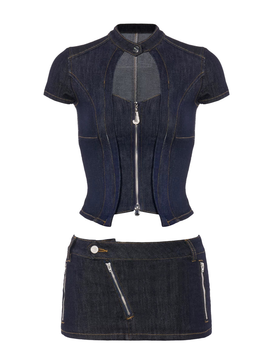 Dark Indigo Denim Zip-Up Bodycon Top &amp; Mini Skirt Set