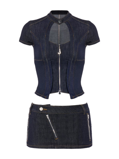 Dark Indigo Denim Zip-Up Bodycon Top &amp; Mini Skirt Set