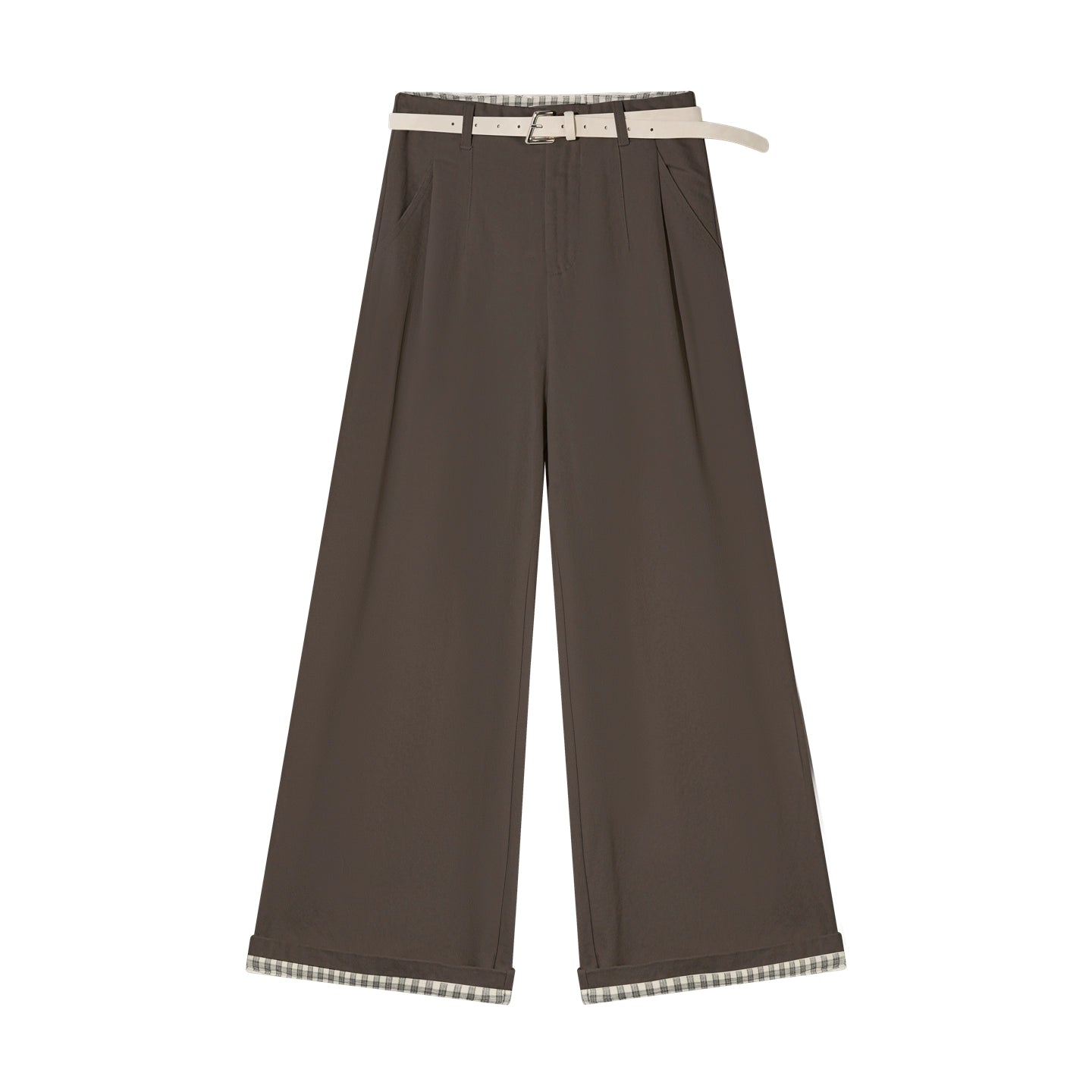Plaid Cuff Belted Wide-Leg Trousers