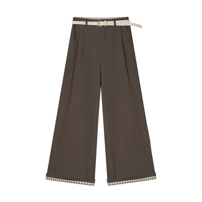 Plaid Cuff Belted Wide-Leg Trousers