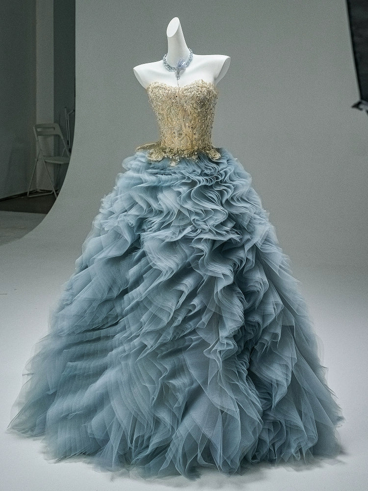 Blue Tears Ruffled Tulle Gown with Embellished Bodice