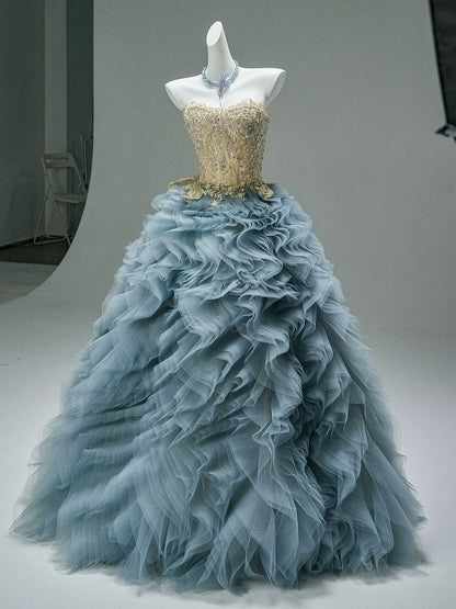 Blue Tears Ruffled Tulle Gown with Embellished Bodice