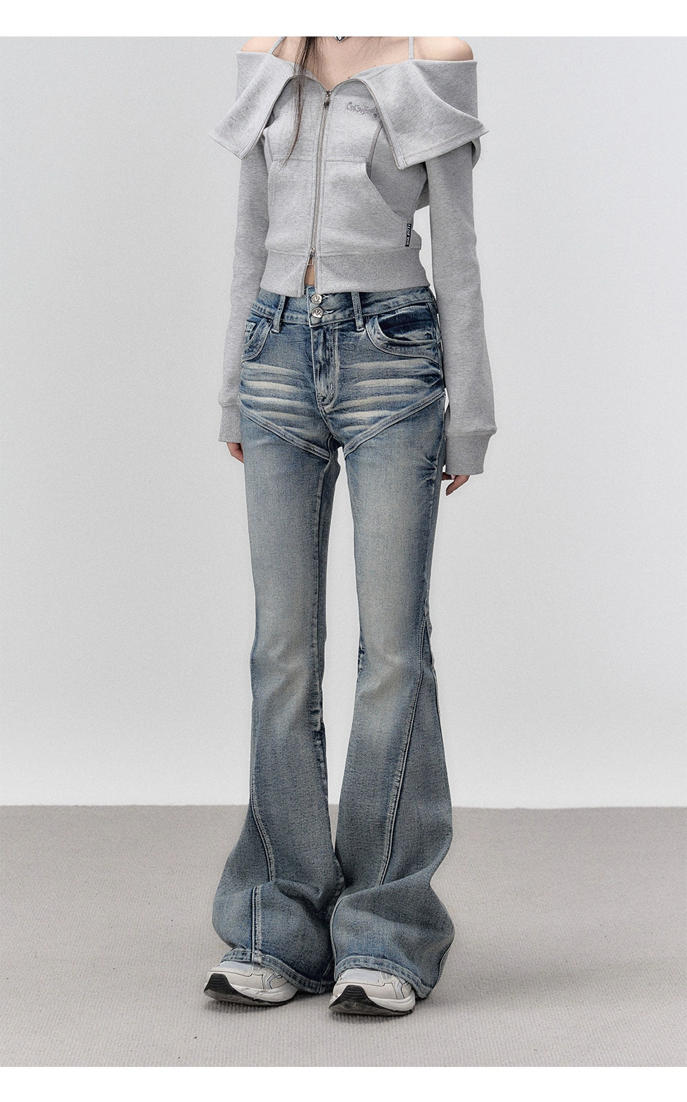 Grey &amp; Blue Denim Vintage Slim Fit Flared Jeans - CHINASQUAD