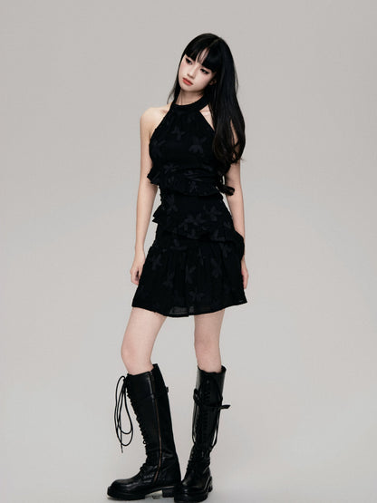 Textured Cut-Out Floral Halter Mini Dress