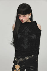 Mohair Off-Shoulder Knit Hoodie - CHINASQUAD