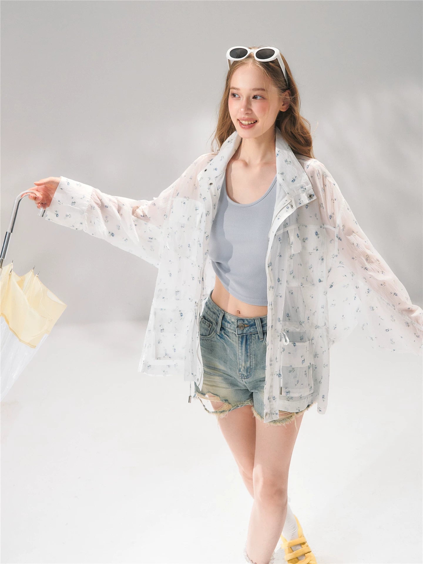 Floral Sheer Batwing Sleeve Utility Jacket