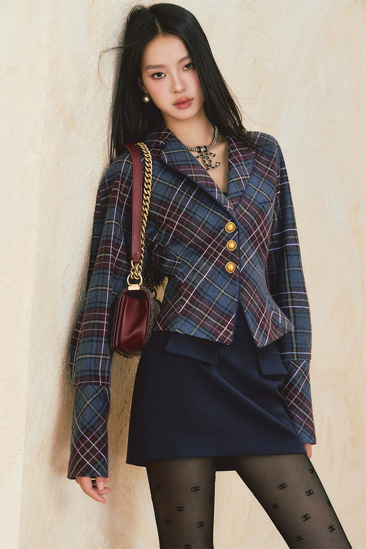 Black Plaid Blazer &amp; Mini Skirt Set - CHINASQUAD