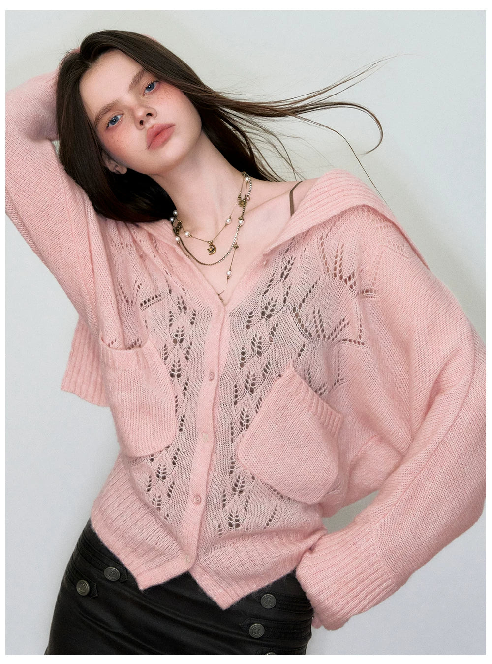 Cut-Out Collared Relaxed Wool Knit Cardigan