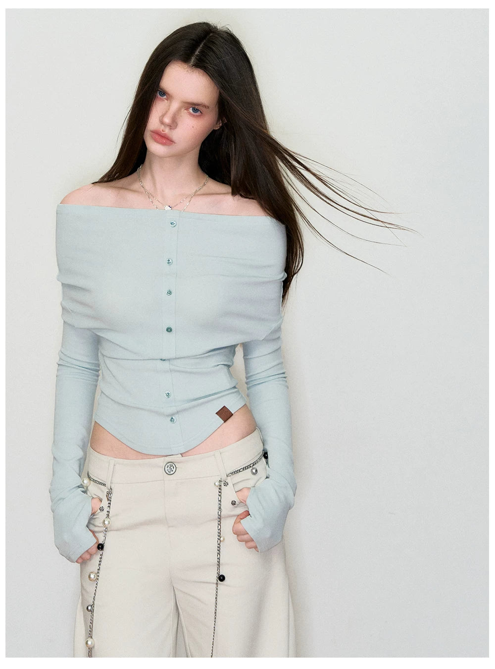 Off-Shoulder Long-Sleeve Knit T-Shirt