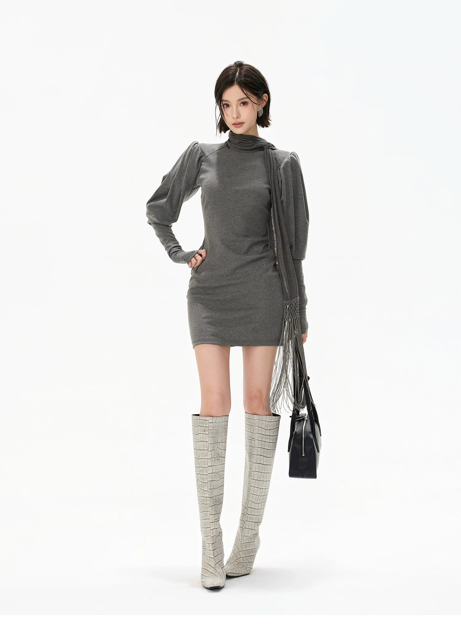Minimalist Draped Turtleneck Knit Mini Dress with Tassel Ties