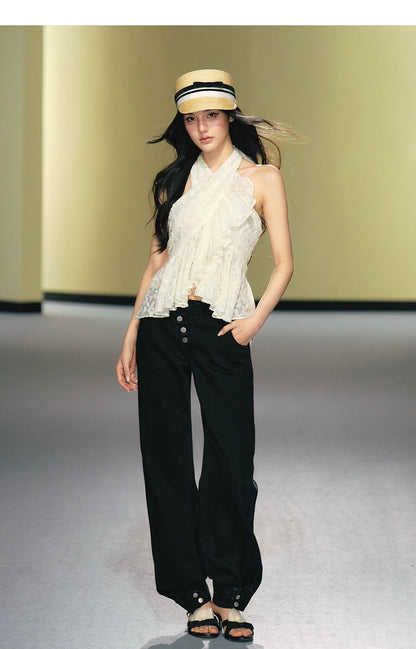 Lace Crisscross Halter Ruffle Top