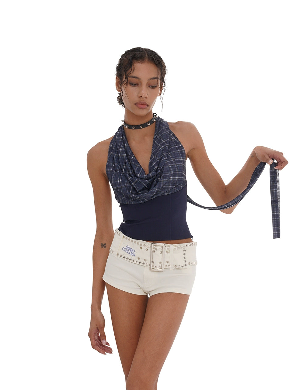 Halter Mesh Cowl-Neck Top