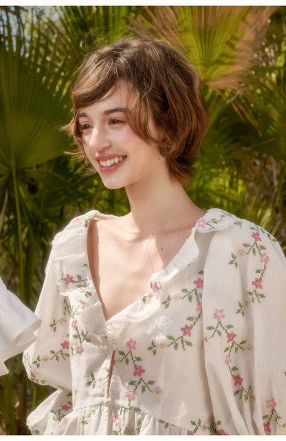 Vintage French Floral Cotton Ruffle Blouse