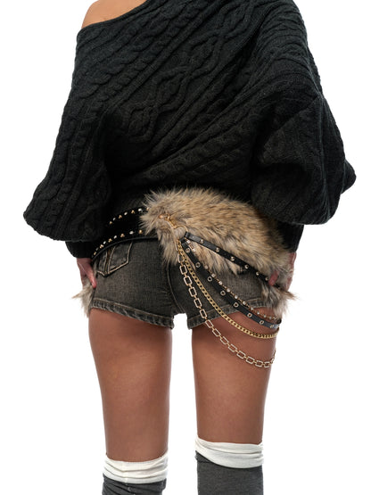 Black Fur-Trim Chain Ring Belt