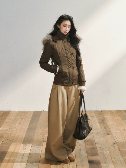 Two-Tone Faux Fur Collar Hooded Duffle Puffer Jacket