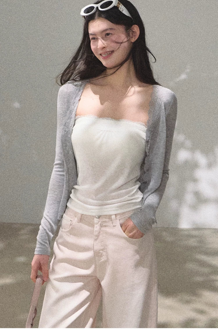 Lyocell Wool Lace-Trim Fitted Knit Cardigan