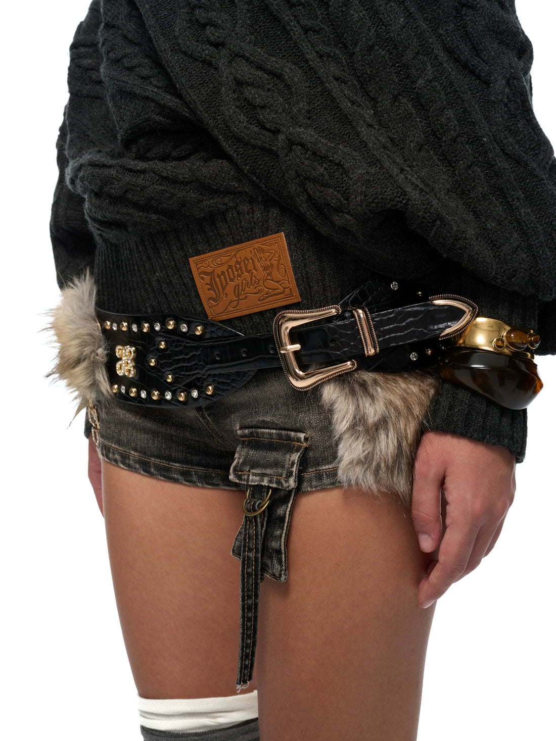 Black Fur-Trim Chain Ring Belt