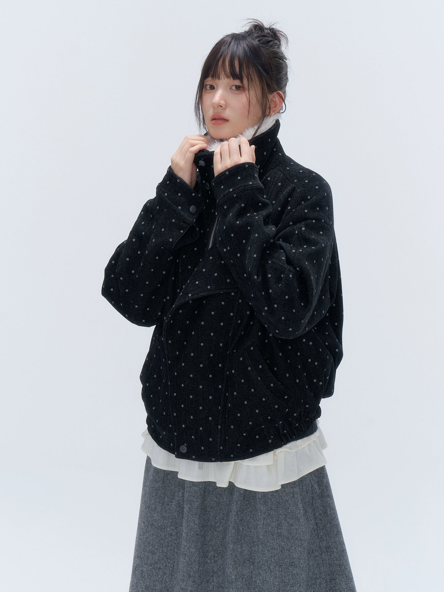 Fur Collar Polka Dot Quilted Jacket