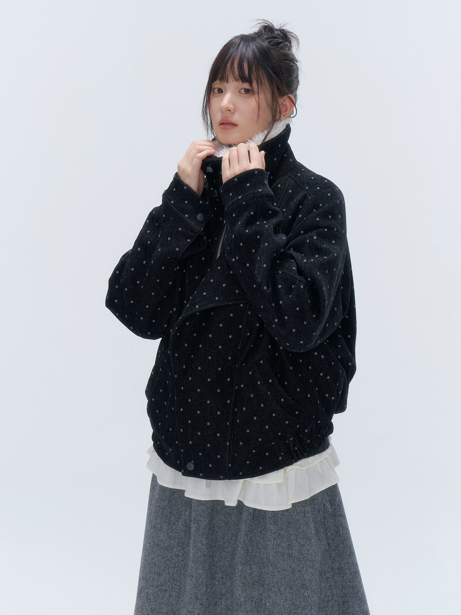 Fur Collar Polka Dot Quilted Jacket