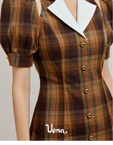 Collar Plaid Bubble Sleeve Dress - CHINASQUAD