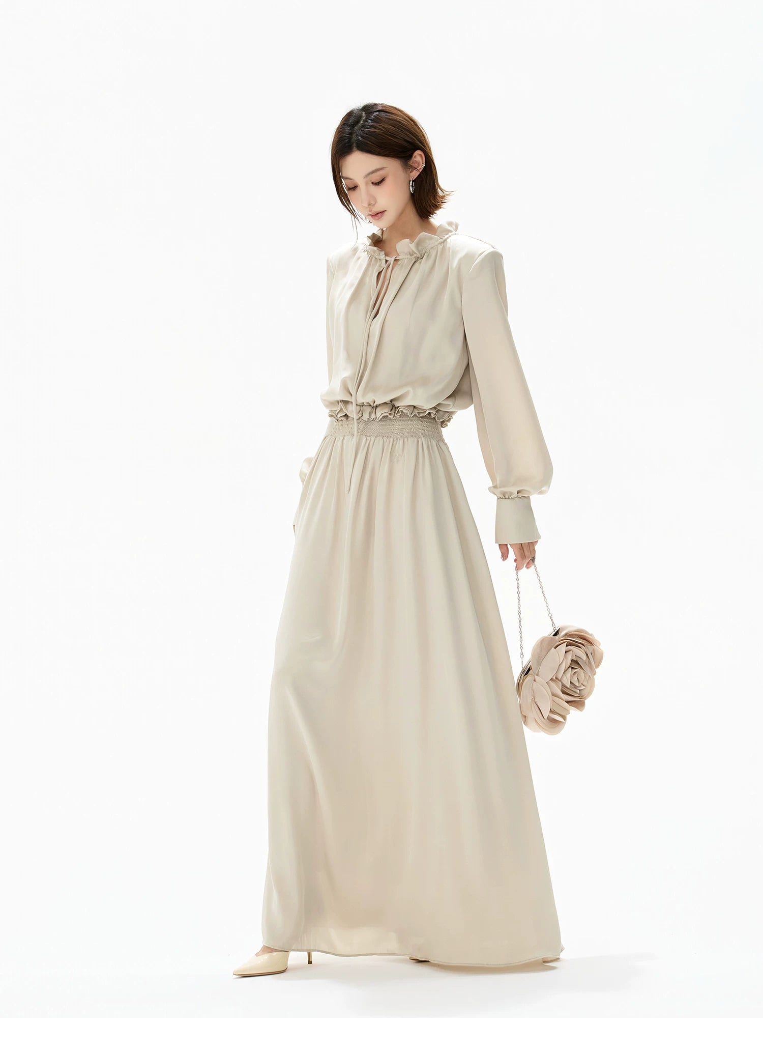 Elegant Ruffled Collar Satin Maxi Dress