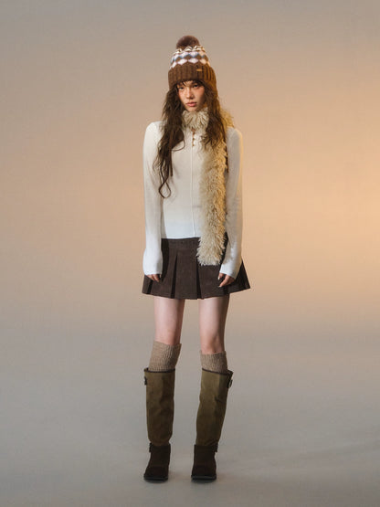 Lace-Trimmed Velvet Pleated Faux Leather Mini Skirt