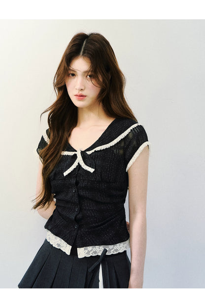 Vintage Sheer Polka Dot Sailor Collar Blouse