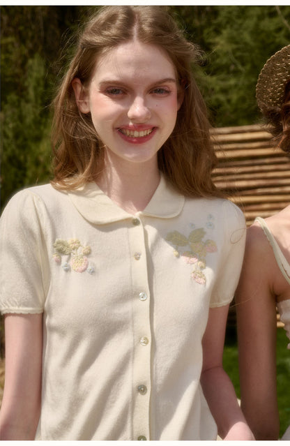 White Strawberry Embroidered Soft Knit Three-Piece Set