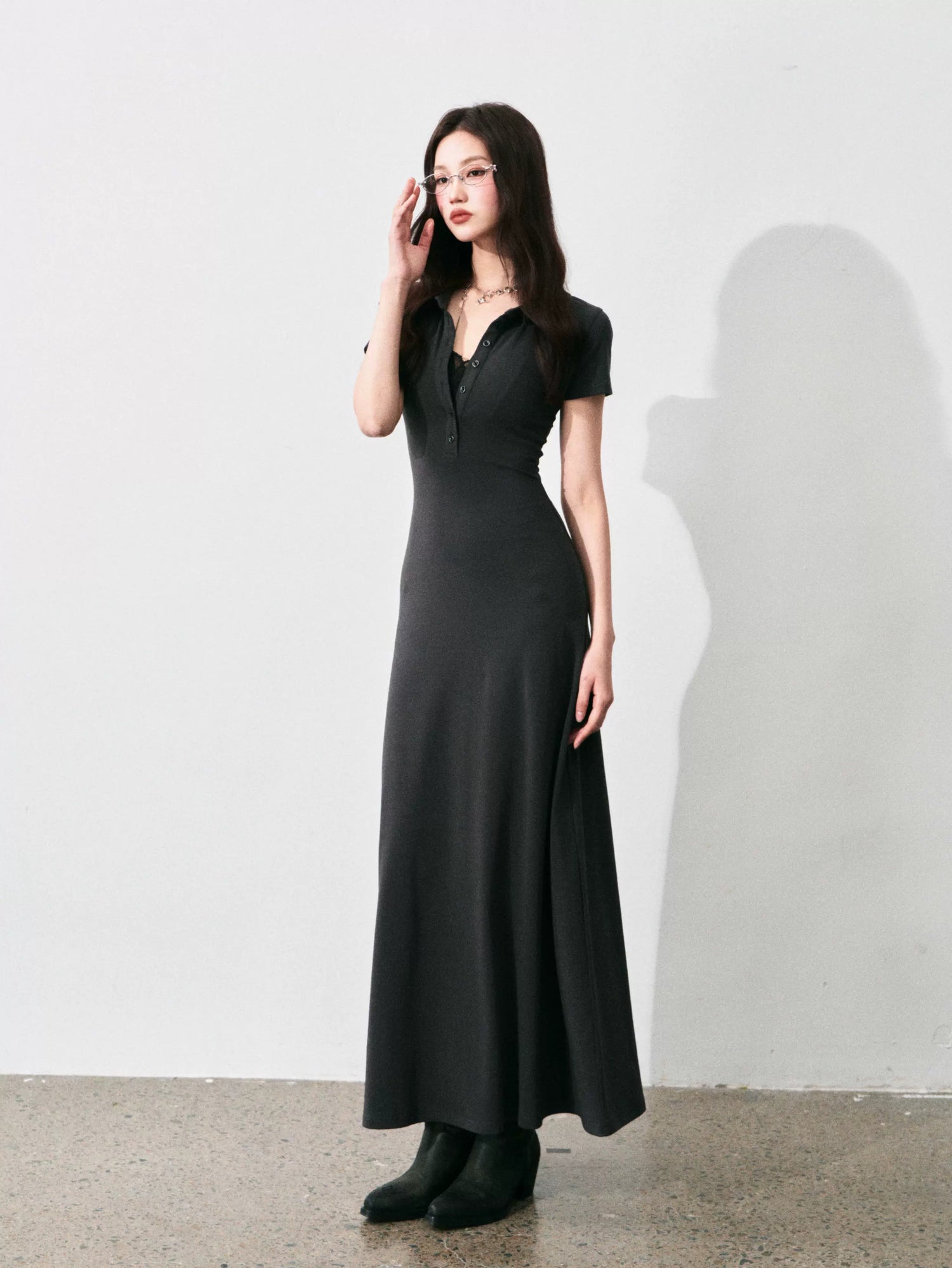 Half-Placket Polo Collar Knit Maxi Dress