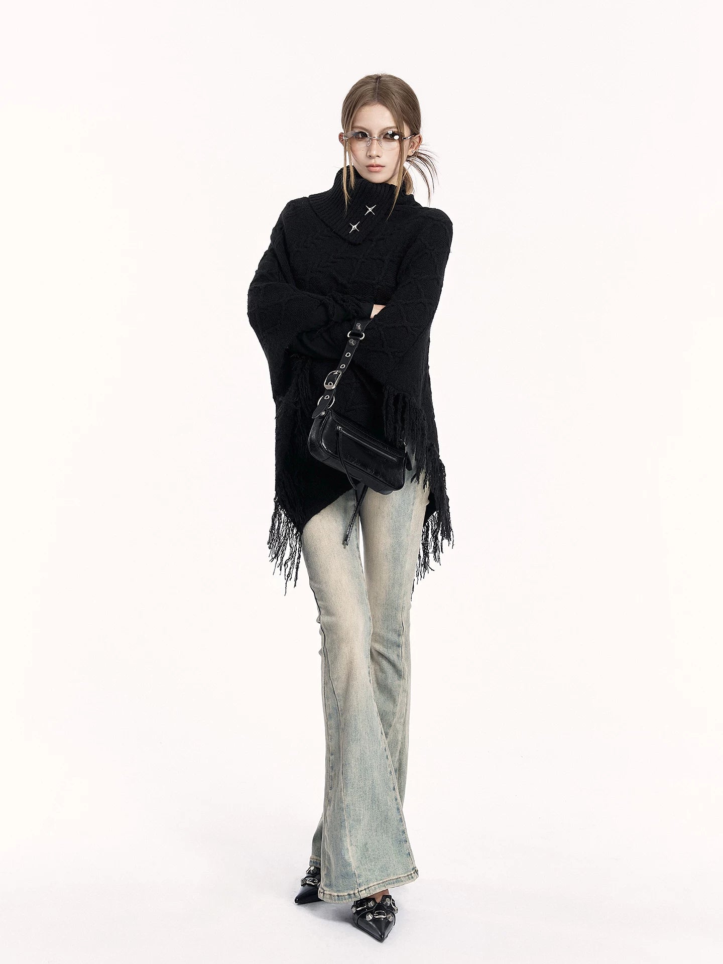 Asymmetric Knit Cape Turtleneck Sweater