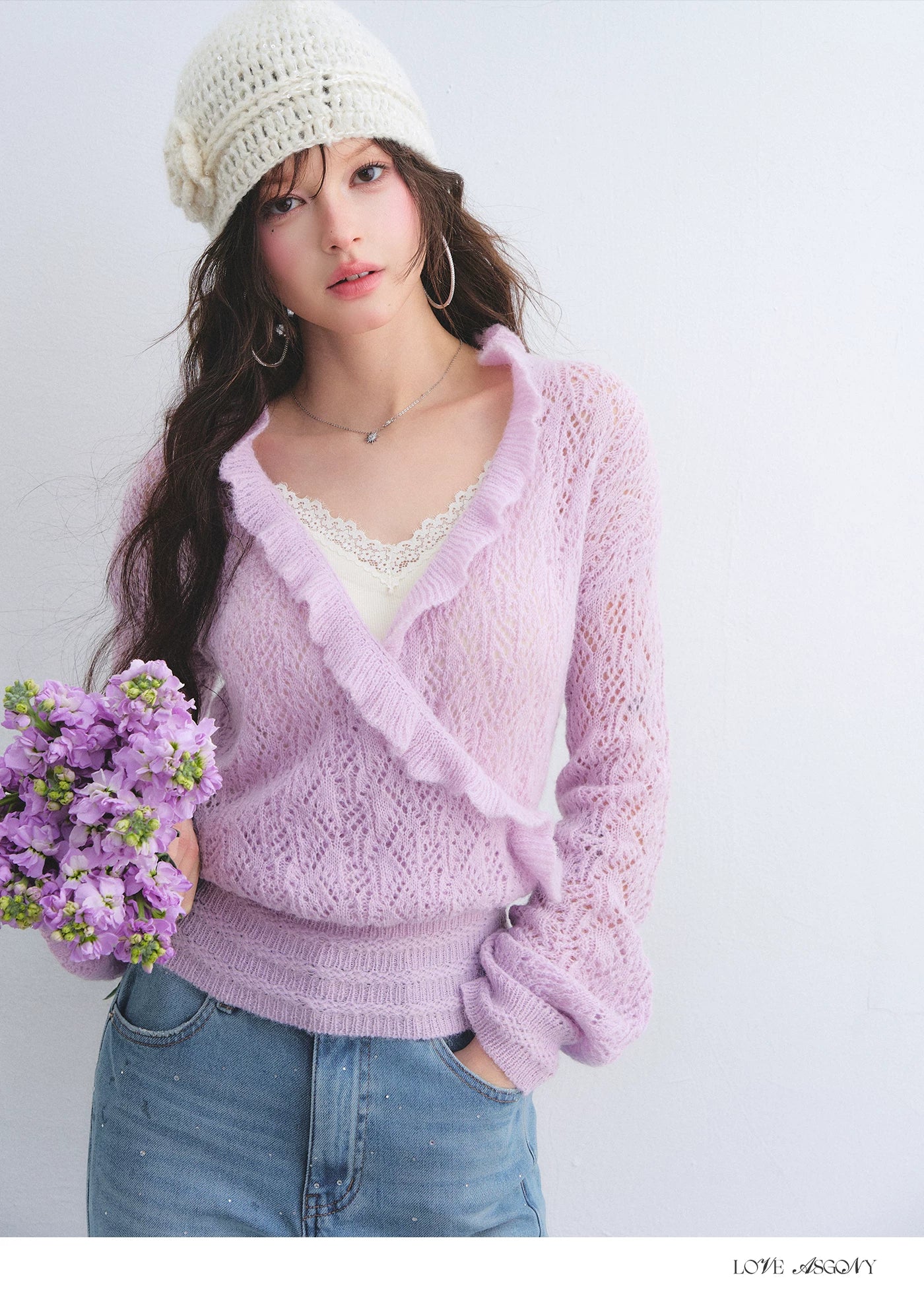 Ruffled Wool-Blend Mohair Openwork Knit Cardigan