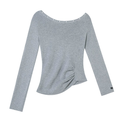 Pearl Decorated Waist-Cinched Knitted Crewneck