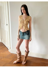 Vintage Washed V-Waist Denim Mini Skirt NeverMore