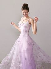 Light Purple Gradient Embroidered Bud Lace Long Dress - CHINASQUAD