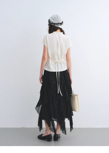 Asymmetric Ruffle Hem Chiffon Midi Skirt