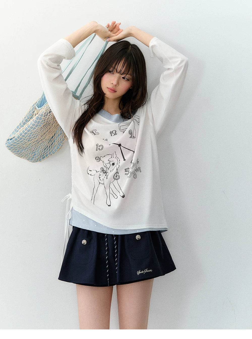Clock Print Polka Dot Relaxed Long Sleeve blouse