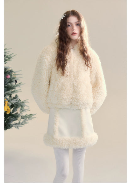 Cream Rabbit Shearling Coat &amp; Skirt Set - CHINASQUAD