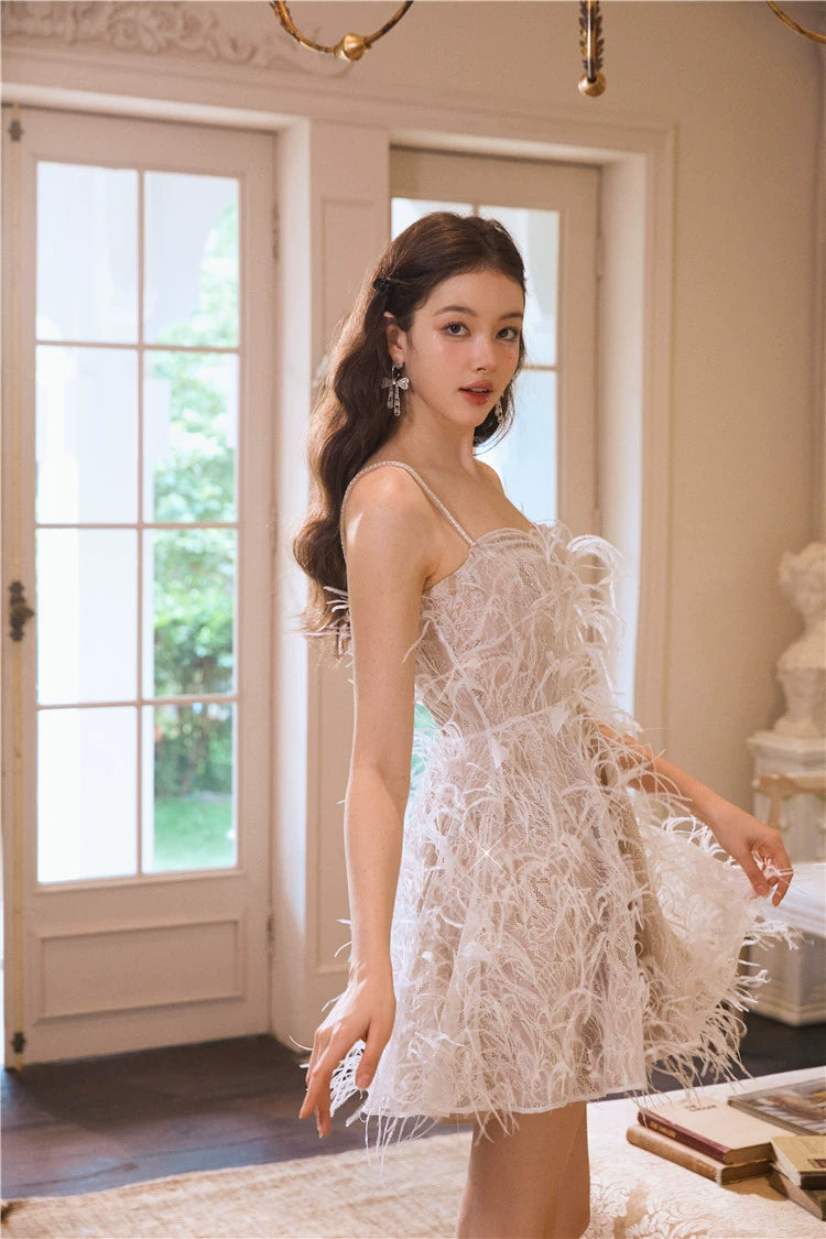 Beige Lace Feather Tassel Dress