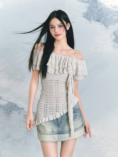 Off-The-Shoulder Ruffled Crochet Blouse