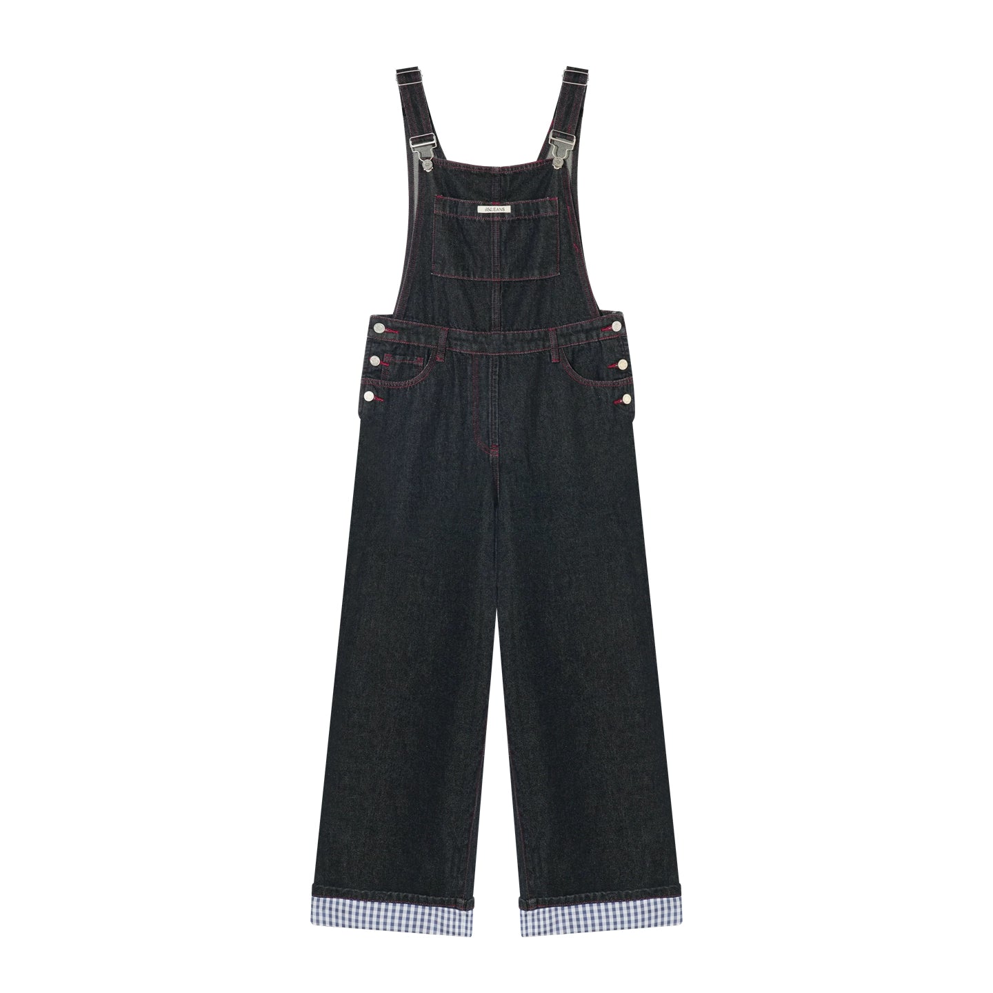 Raw Denim Wide-Leg Overalls with Red Stitching