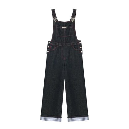 Raw Denim Wide-Leg Overalls with Red Stitching