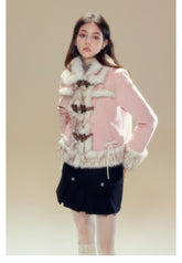 Pink Suede Butterfly Horn Button Shearling Coat - CHINASQUAD