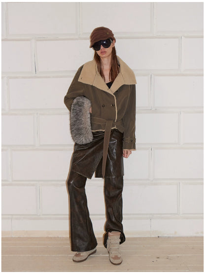 Contrast Fleece-Panelled Shearling Short Coat