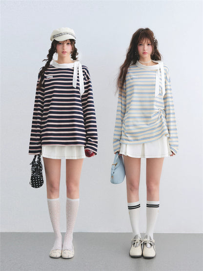 Contrast Tie Collar Striped Relaxed Long Sleeve T-Shirt