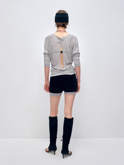 Gray Slightly Sheer V-Neck Long Sleeve Base Layer